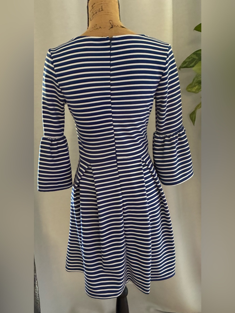Altar'd State Navy and White Striped Fit-and-Flare Dress with Bell Sleeves - Picture 3 of 6